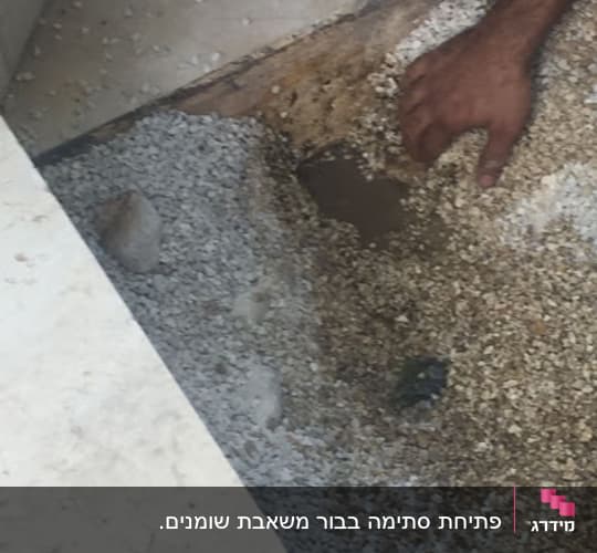 יד של אדם חופרת באדמה עם חצץ
